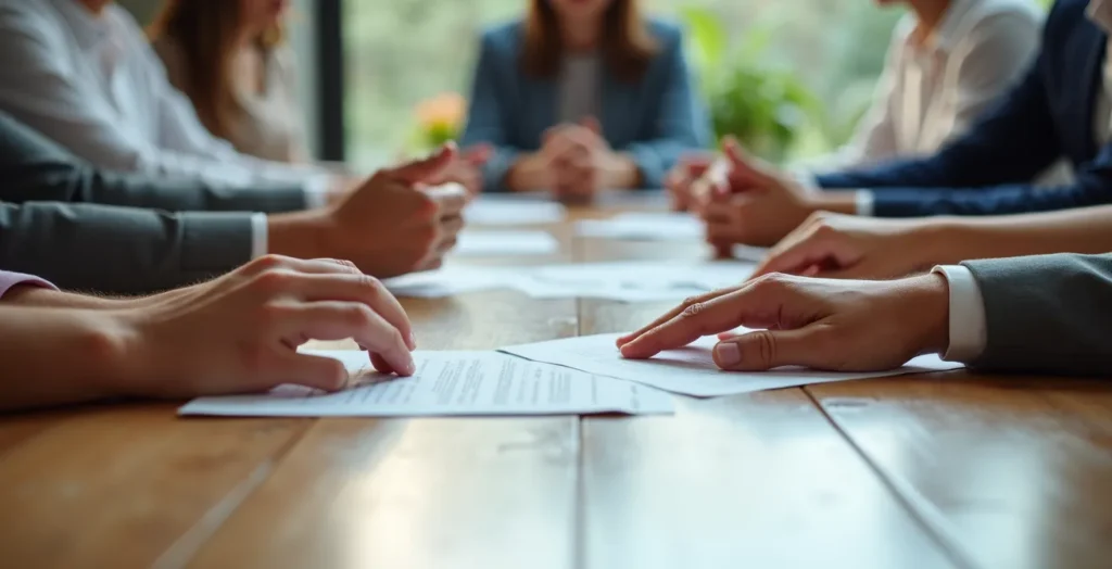 Mains de plusieurs personnes autour d'une table avec documents flous, symbolisant la médiation familiale